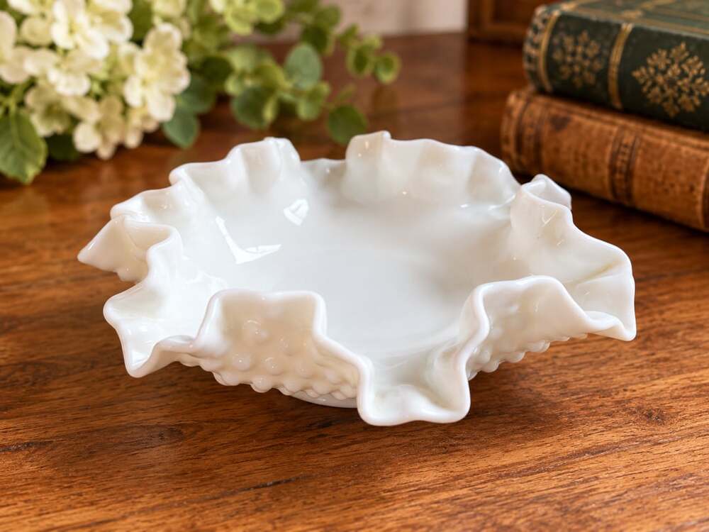 Vintage White Milk Glass Hobnail Ruffled Crimped Edge Bowl Bonbon Dish